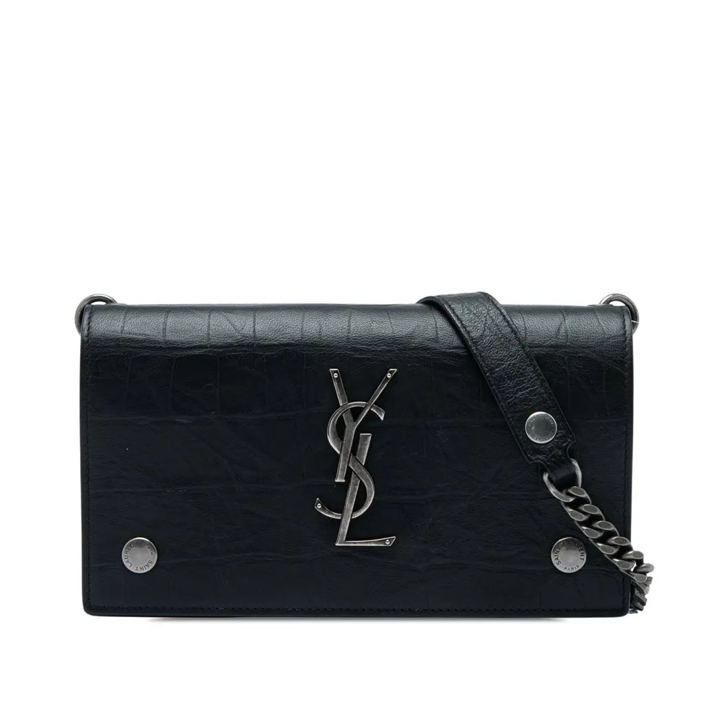 Saint Laurent Croc Embossed Leather Monogram Rider Wallet on Chain Black Leather Very good - Front View