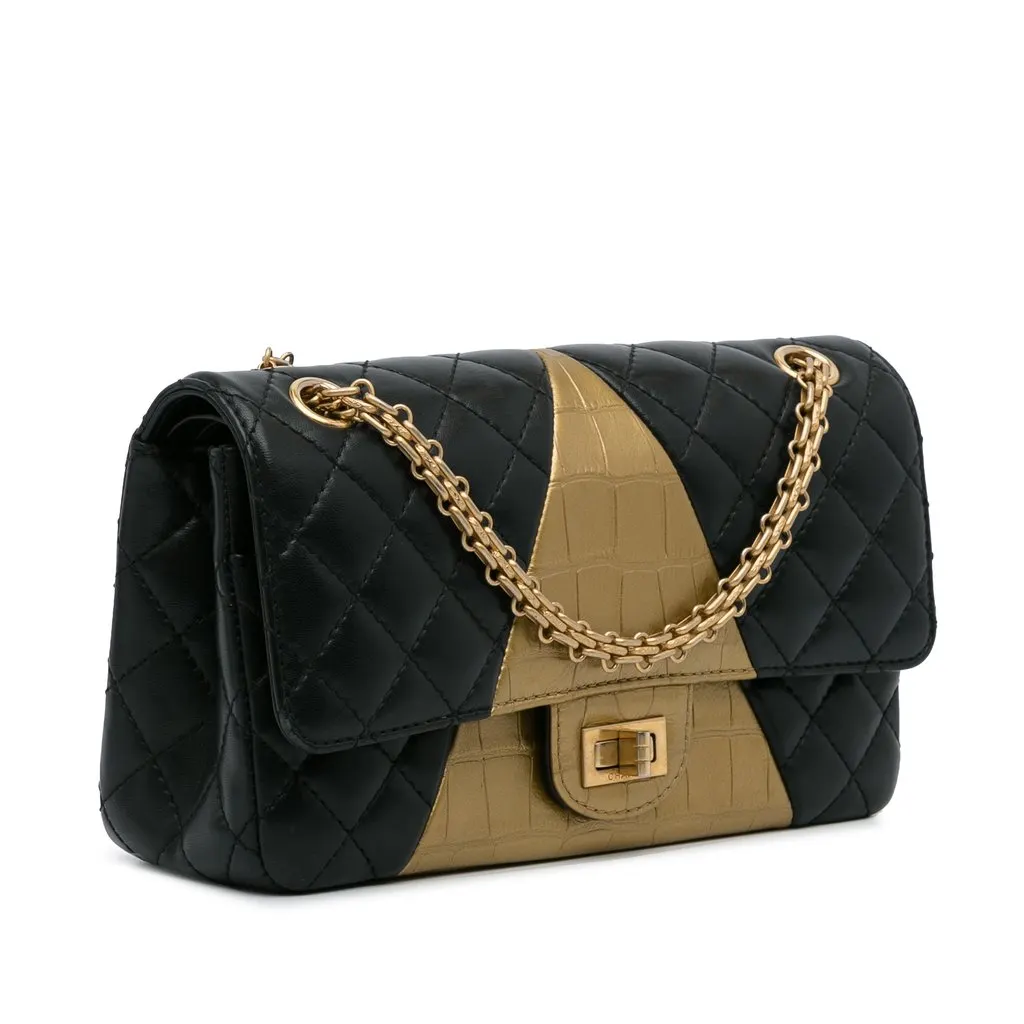 Chanel Medium Croc Embossed Lambskin 2.55 Reissue Double Flap Bag Black Leather Very good - Back View