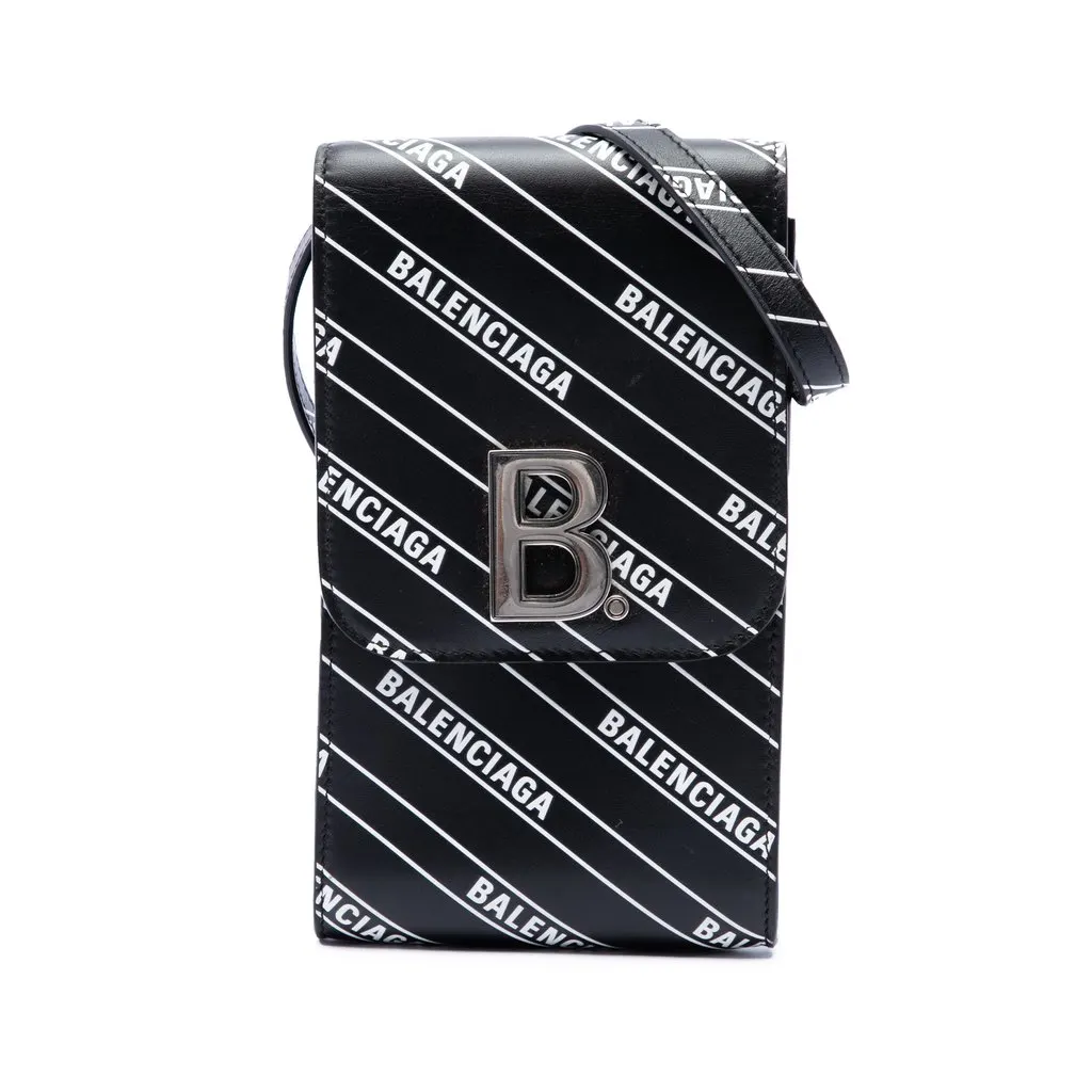 Balenciaga Calfskin Diagonal Allover Logo Print B Phone Holder Crossbody Black Leather Very good - Front View