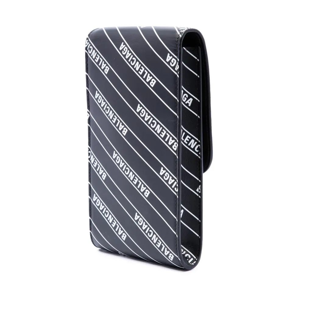 Balenciaga Calfskin Diagonal Allover Logo Print B Phone Holder Crossbody Black Leather Very good - Back View