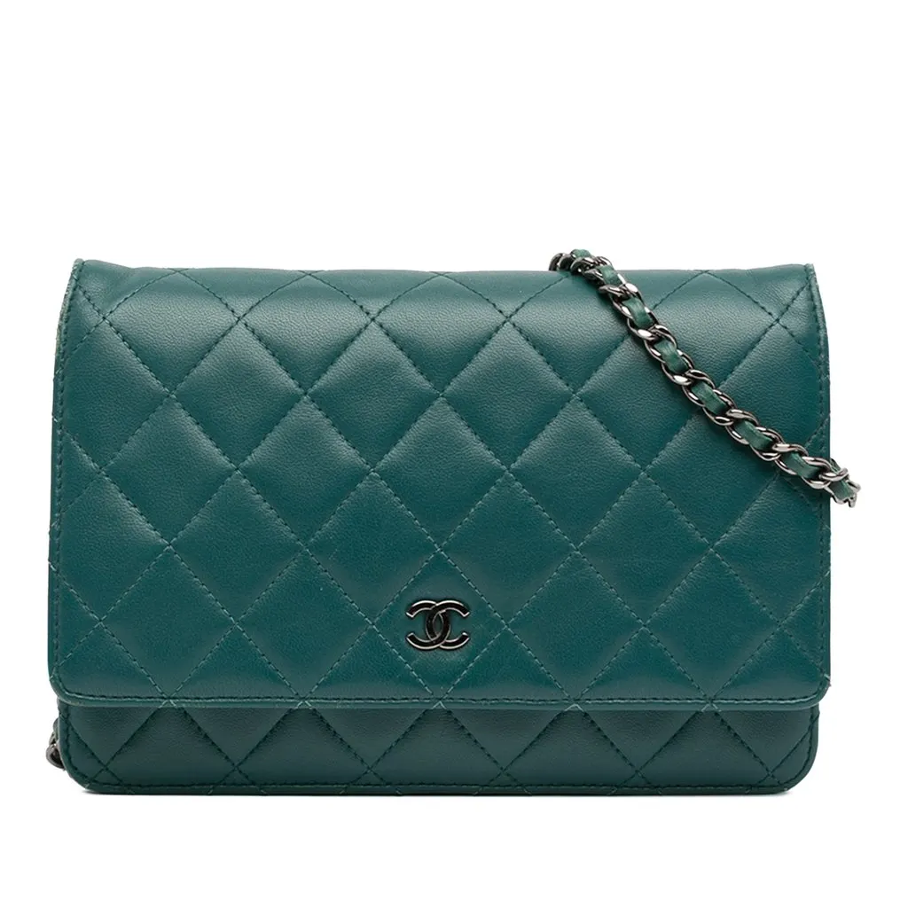 Chanel CC Quilted Lambskin Wallet On Chain Blue Leather Good - Front View