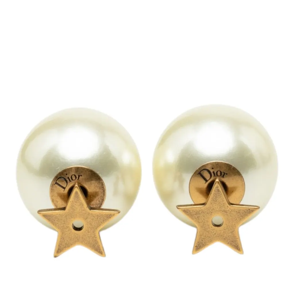 Dior Gold Plated Faux Pearl Star Tribales Push Back Earrings Gold Metal Very good - Back View