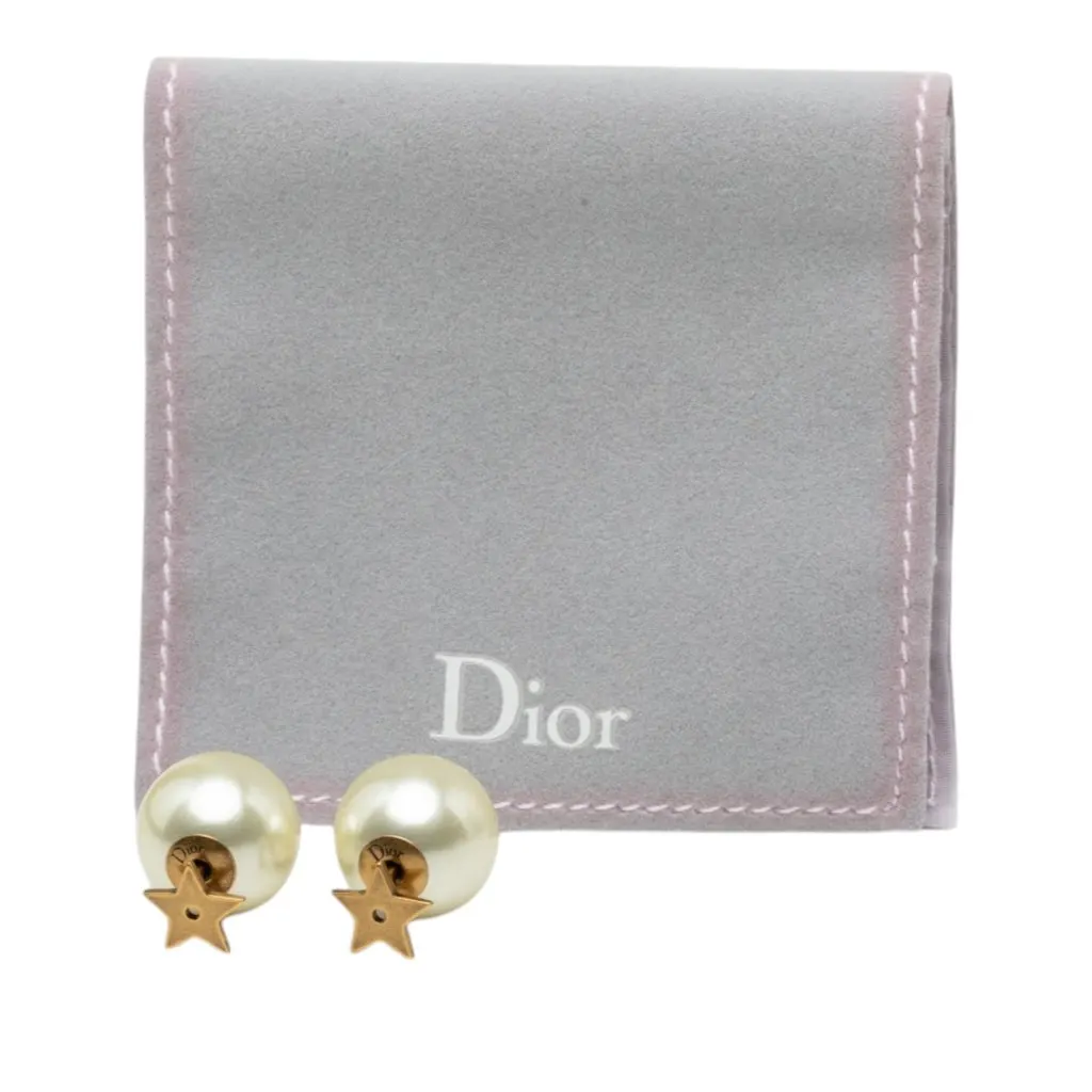 Dior Gold Plated Faux Pearl Star Tribales Push Back Earrings Gold Metal Very good - Model View