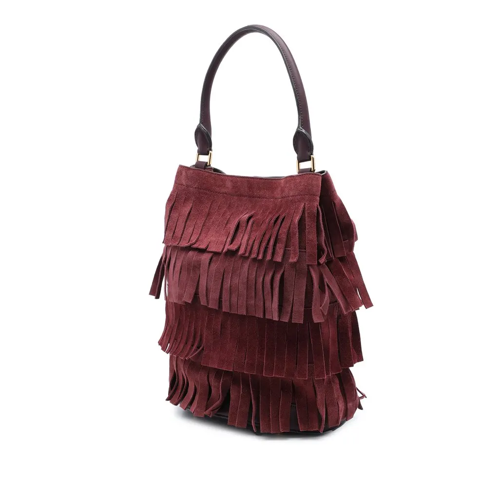 Burberry Prorsum Suede Tiered Fringe Bucket Bag Red Leather Very good - Back View