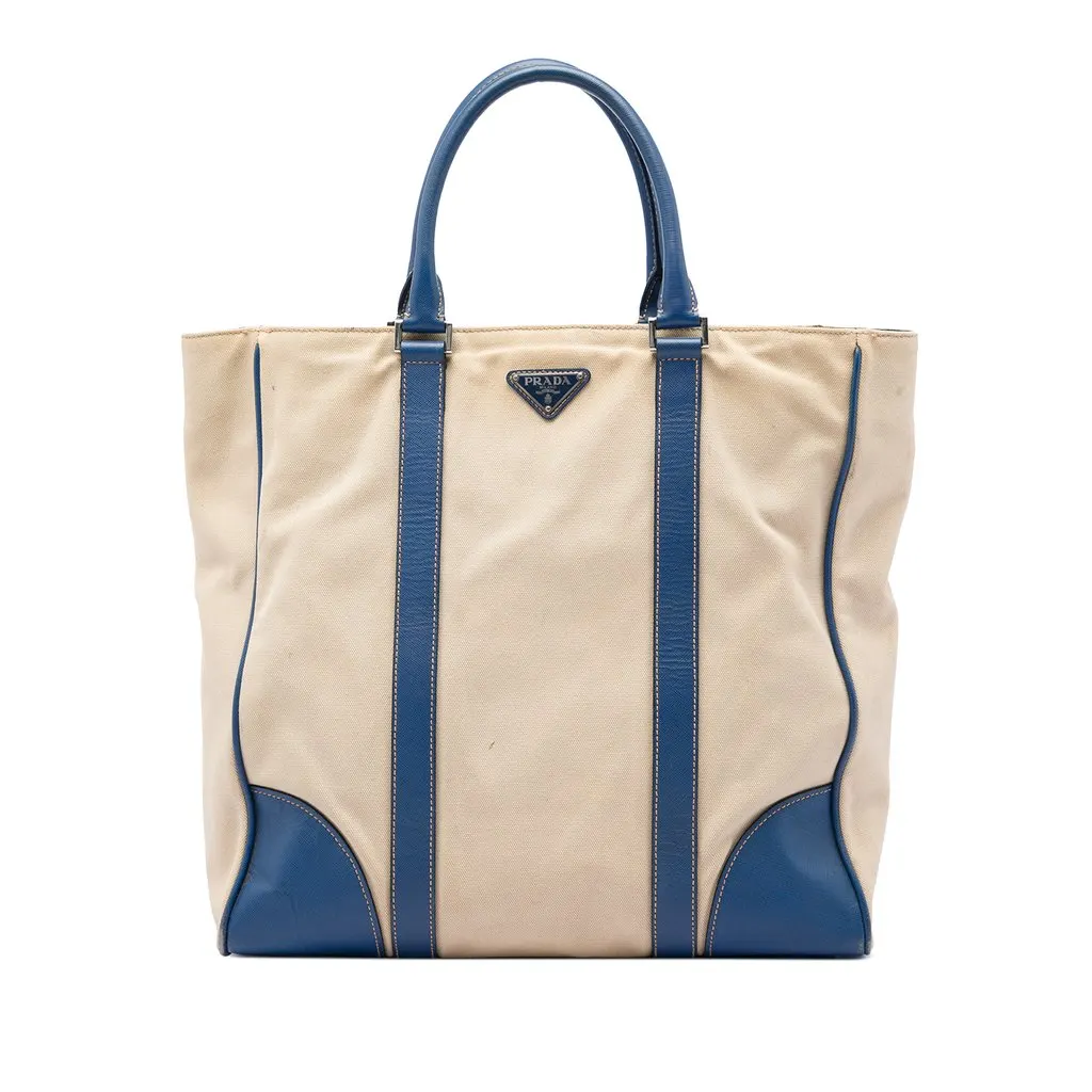 Prada Saffiano Trimmed Canvas Tote Beige Good - Front View