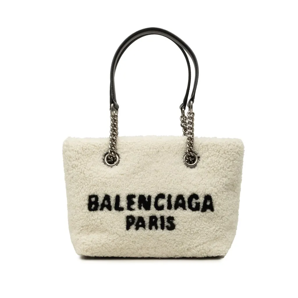 Balenciaga Small Shearling Duty Free Tote White Fur Good - Front View