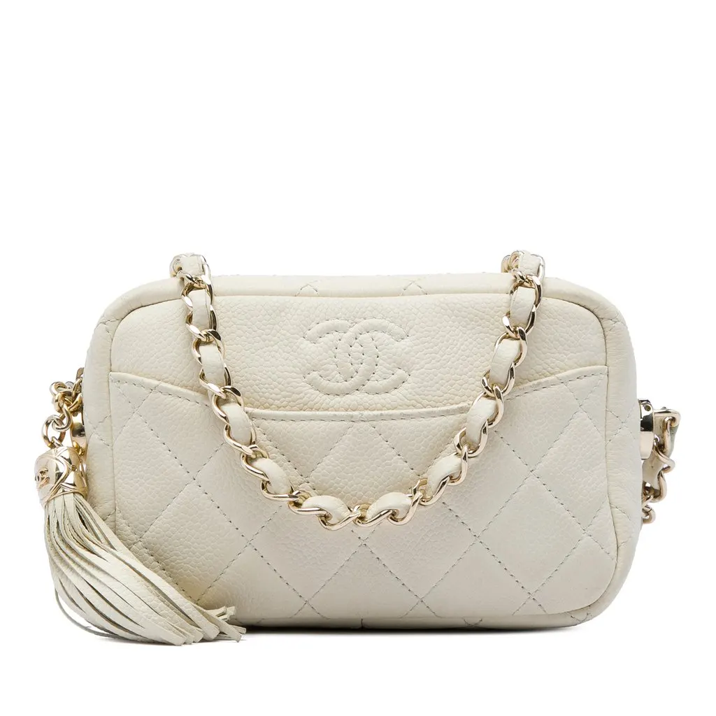 Chanel Mini Quilted Caviar Coco Tassel Camera Case White Leather Very good - Front View