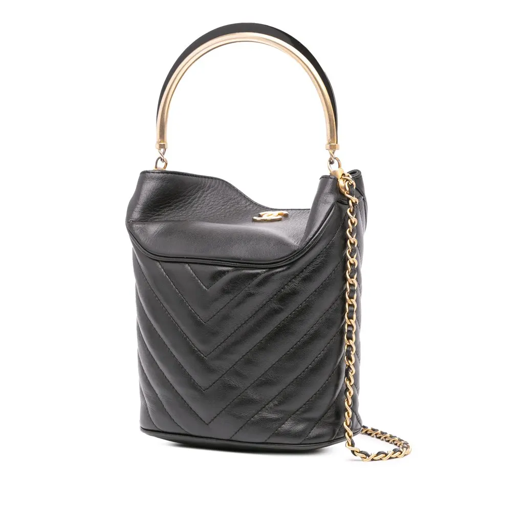 Chanel Quilted Chevron Lambskin Handle with Chic Bucket Bag Black Leather Very good - Back View