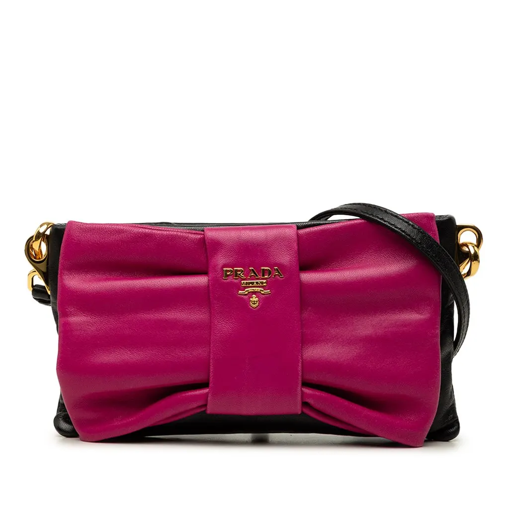 Prada Bicolor Nappa Fiocco Bow Clutch on Strap Black Leather Very good - Front View