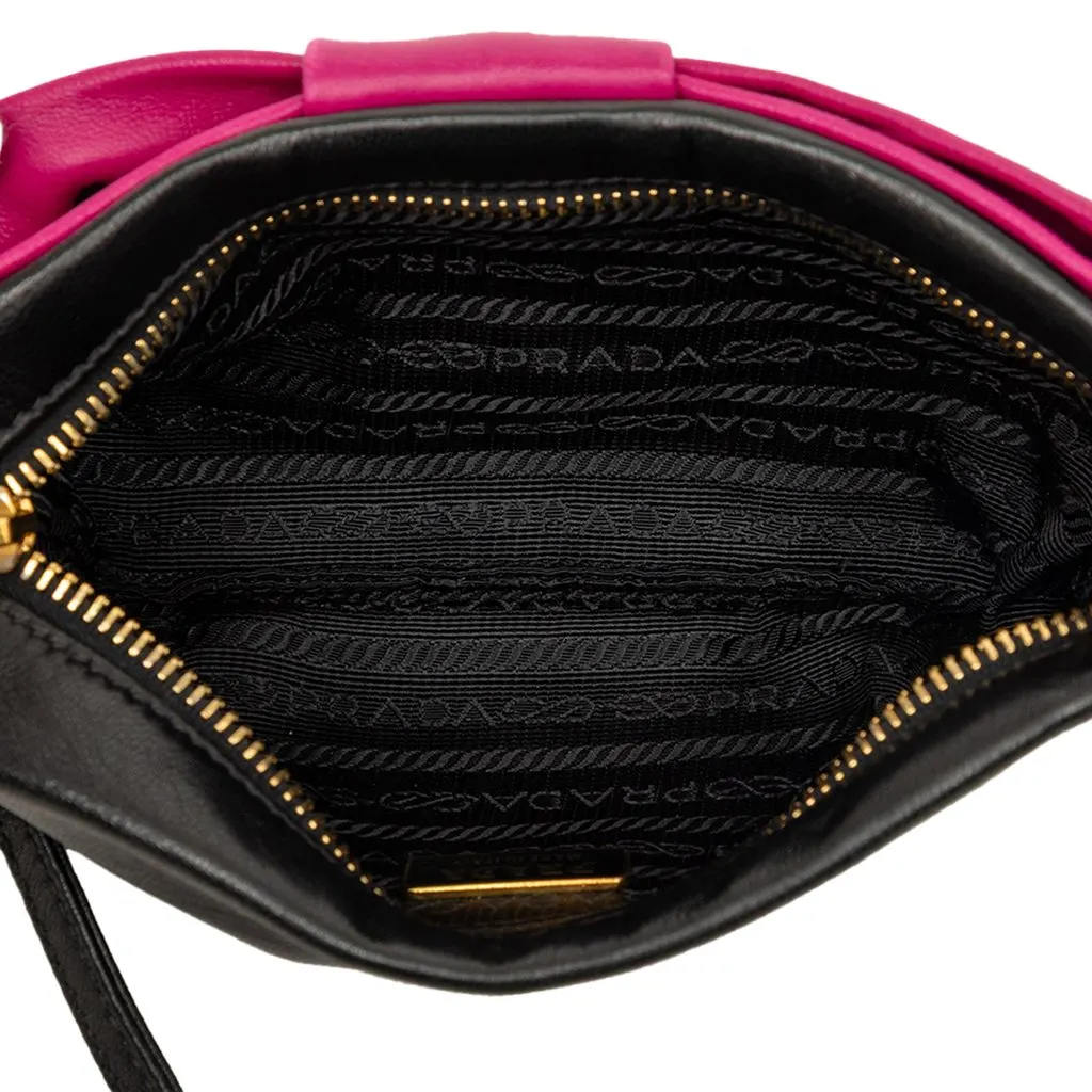 Prada Bicolor Nappa Fiocco Bow Clutch on Strap Black Leather Very good - Model View