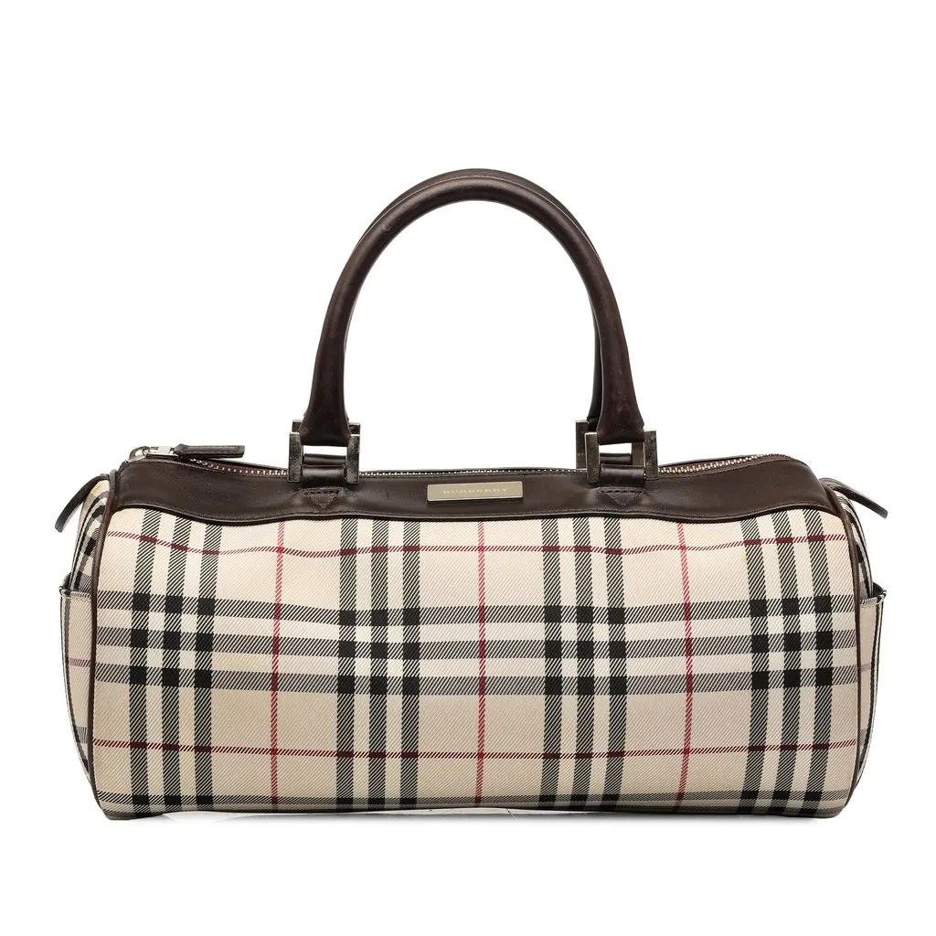 Burberry House Check Canvas Barrel Handbag Beige Canvas Good - Front View
