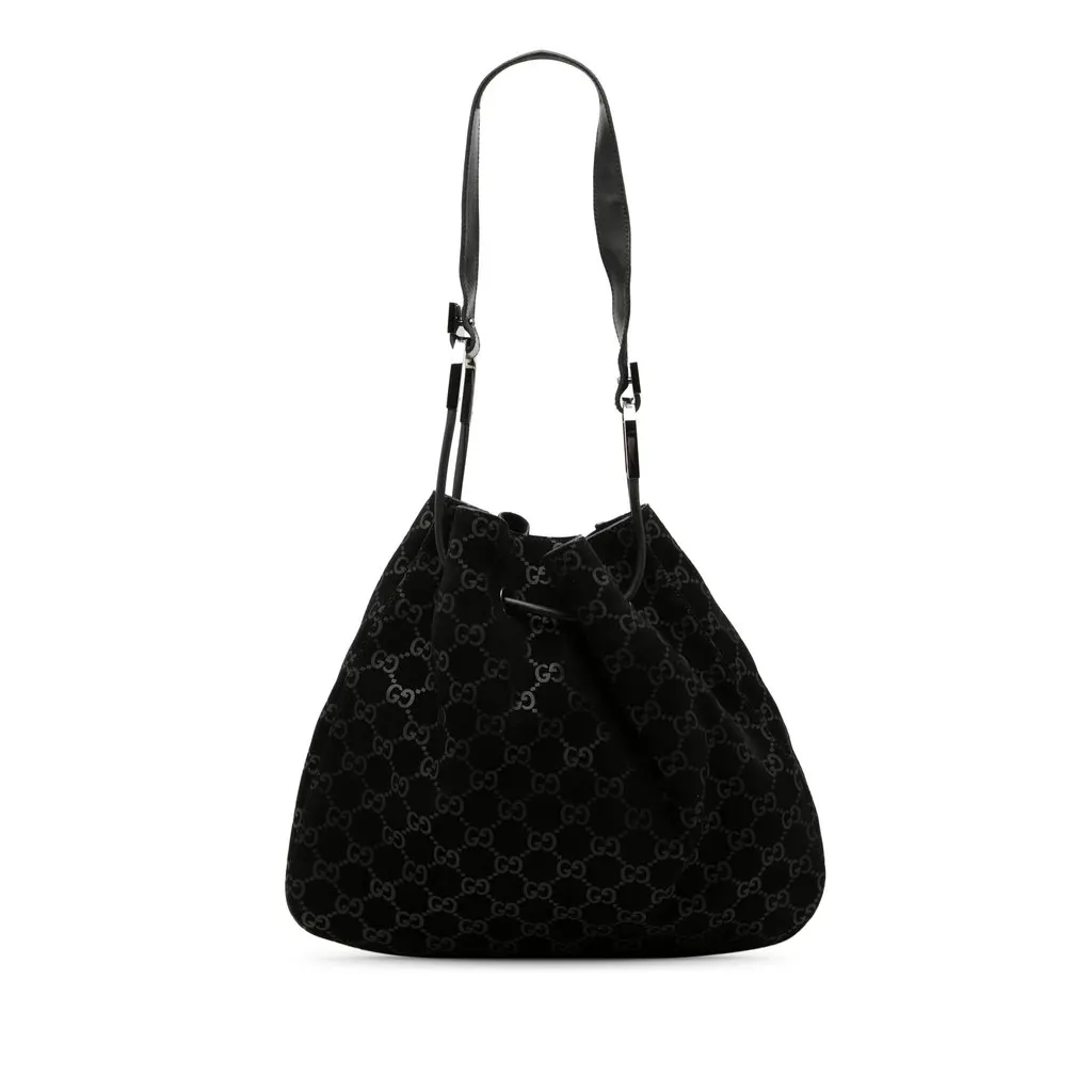 Gucci GG Suede Shoulder Bag Black Suede Good - Front View
