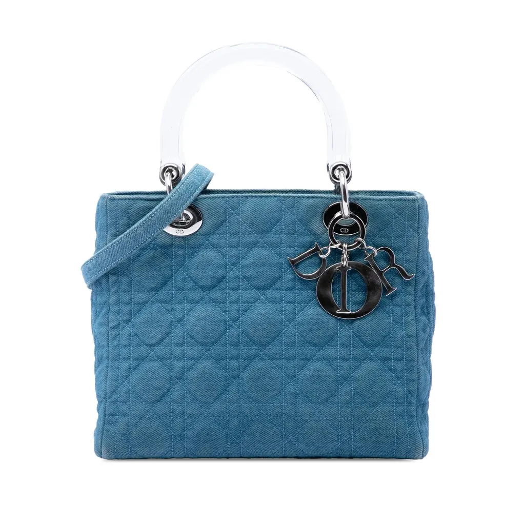 Dior Medium Denim Cannage Acrylic Handles Lady Dior Blue Very good - Front View