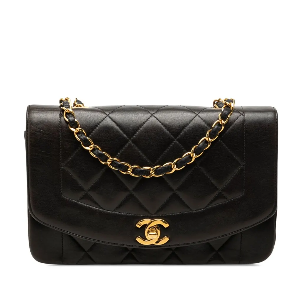 Chanel Small Lambskin Diana Flap Black Leather Good - Front View