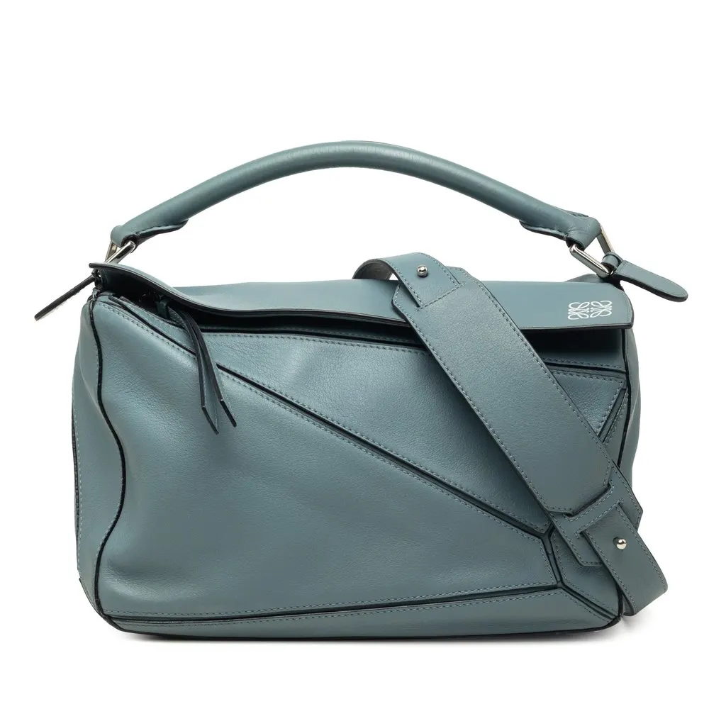 LOEWE Medium Calfskin Puzzle Satchel Blue Leather Good - Front View