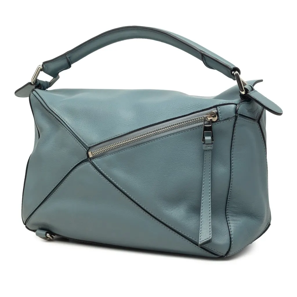 LOEWE Medium Calfskin Puzzle Satchel Blue Leather Good - Back View