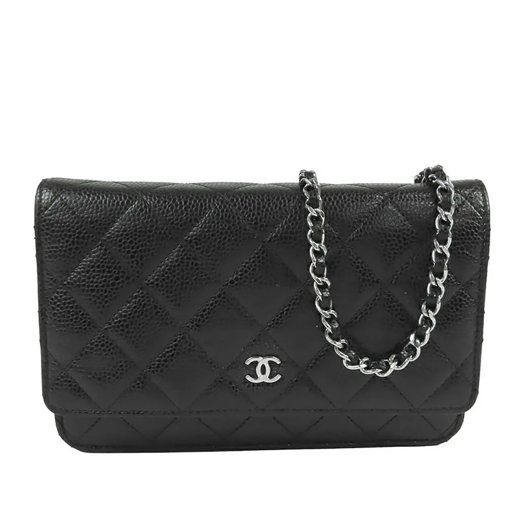 Chanel CC Quilted Caviar Wallet on Chain Black Leather Very good - Front View