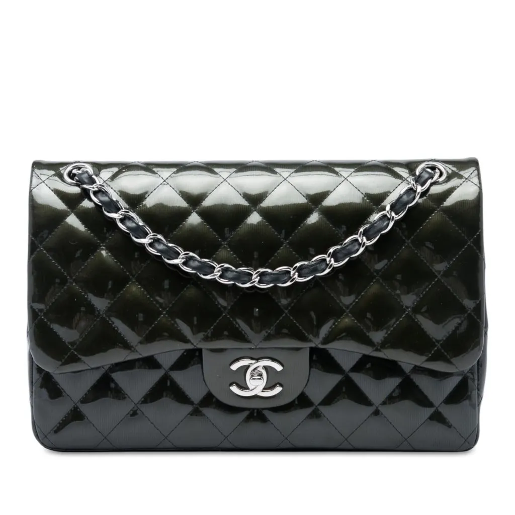 Chanel Jumbo Classic Striated Patent Double Flap Green Leather Very good - Front View