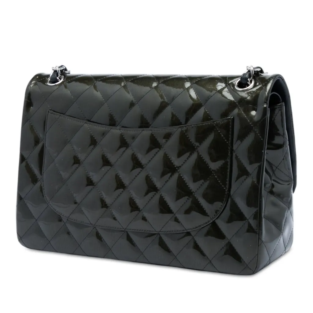 Chanel Jumbo Classic Striated Patent Double Flap Green Leather Very good - Back View