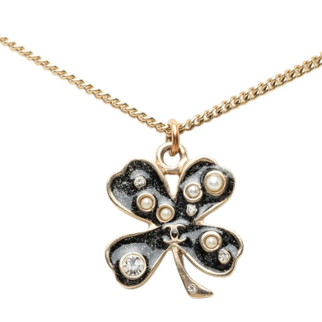 Chanel CC Gold Plated and Enamel Strass Faux Pearl Clover Pendant Necklace Gold Metal Very good - Back View