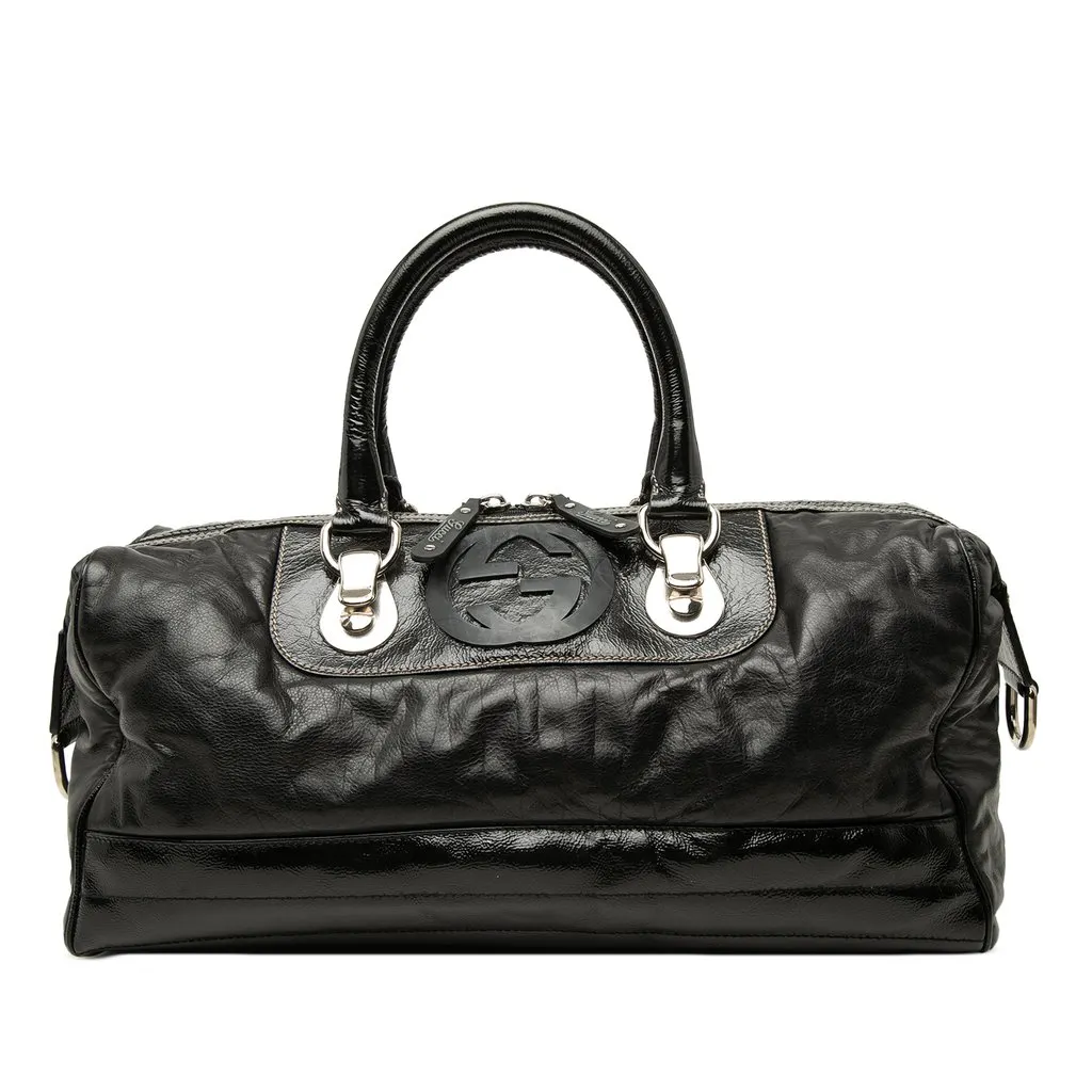 Gucci Medium Calfskin Dialux Snow Glam Boston Bag Black Leather Very good - Front View