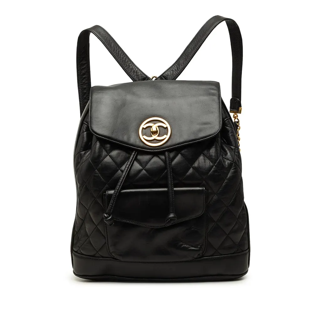 Chanel Large CC Quilted Lambskin Drawstring Backpack Black Leather Good - Front View
