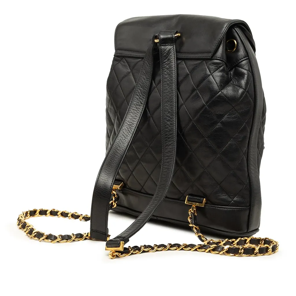 Chanel Large CC Quilted Lambskin Drawstring Backpack Black Leather Good - Back View