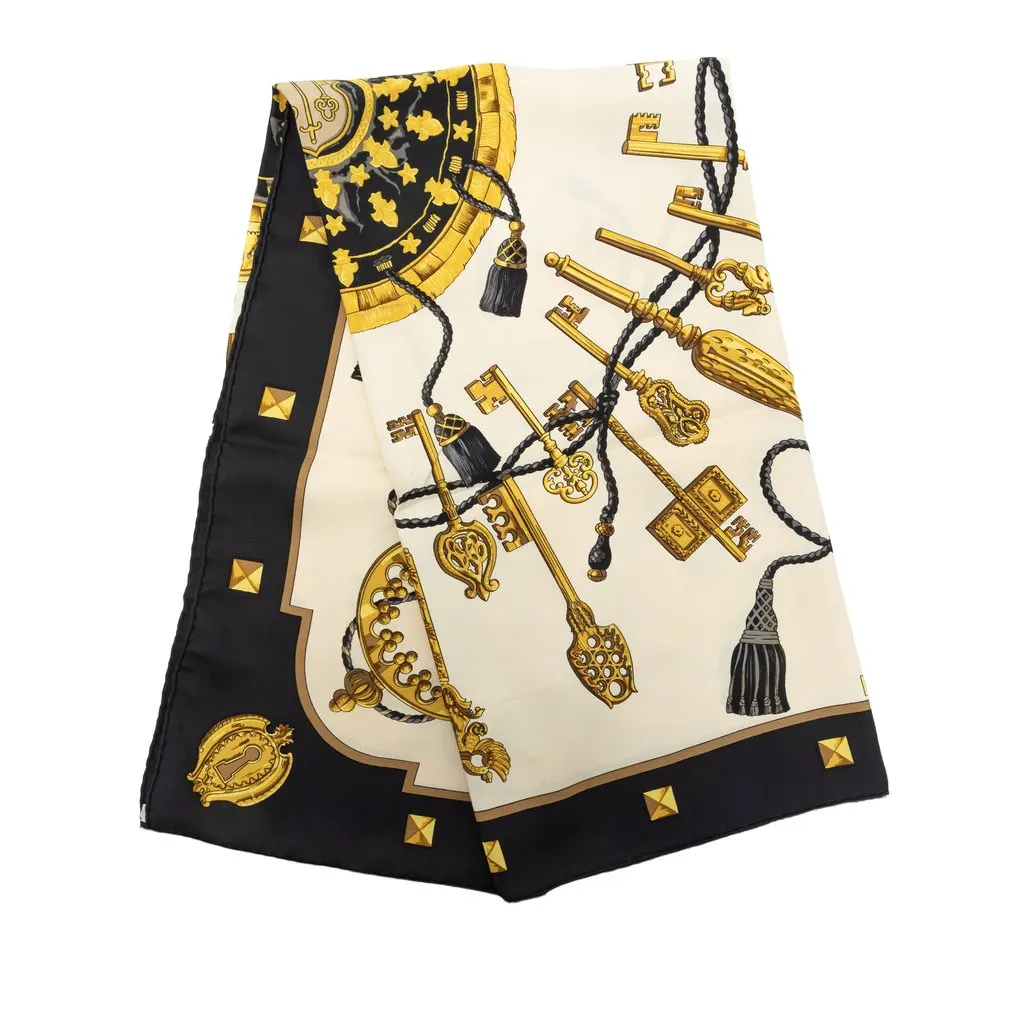 Hermès Les Cles Silk Scarf 90 White Silk Very good - Front View