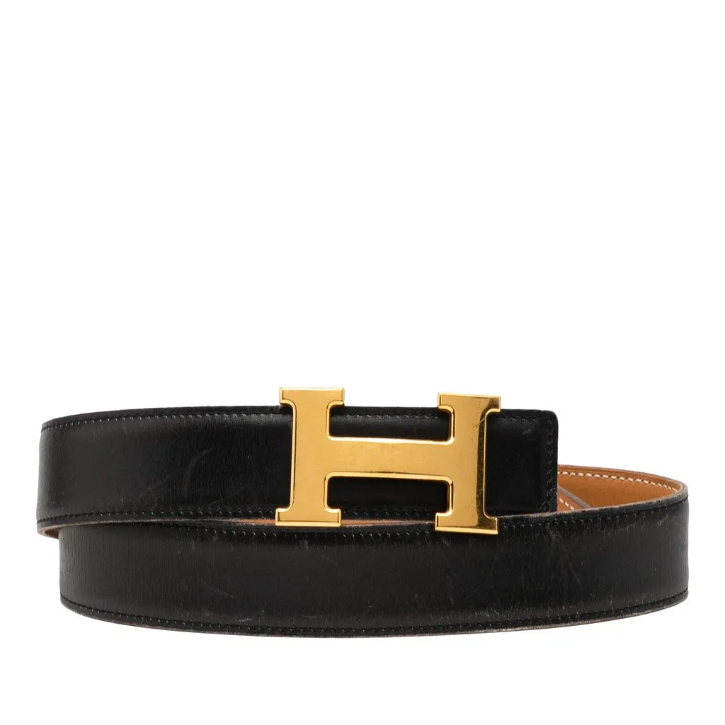 Hermès Box Calf Constance H Reversible Belt Black Leather Very good - Front View