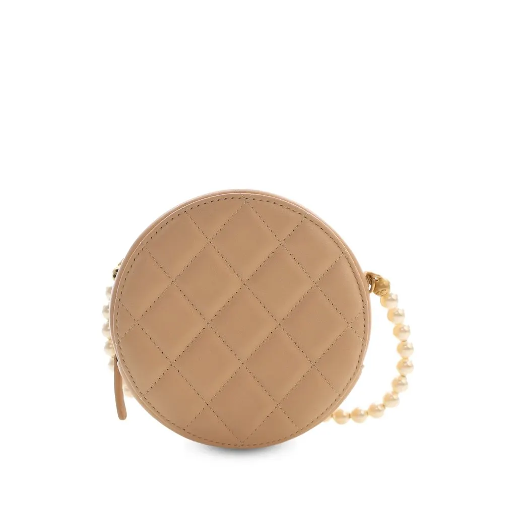 Chanel Quilted Lambskin About Pearls Round Clutch with Chain Beige Leather Very good - Back View