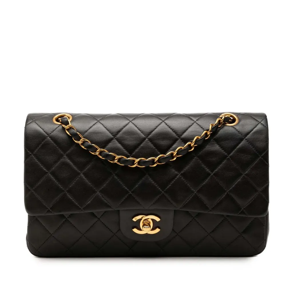 Chanel Medium Classic Lambskin Double Flap Black Leather Very good - Front View