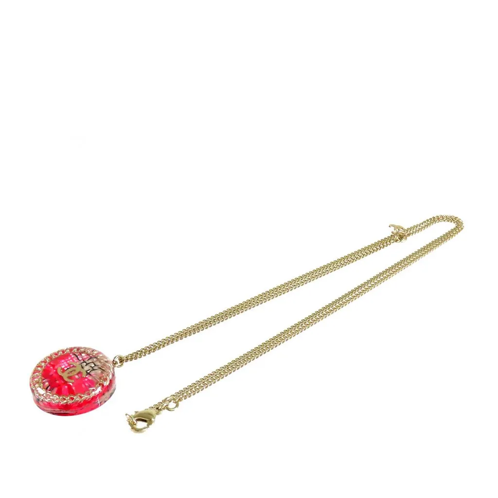Chanel CC Gold Plated Resin Tweed Chain Round Pendant Necklace Gold Metal Very good - Front View