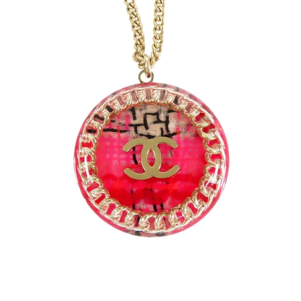 Chanel CC Gold Plated Resin Tweed Chain Round Pendant Necklace Gold Metal Very good - Back View