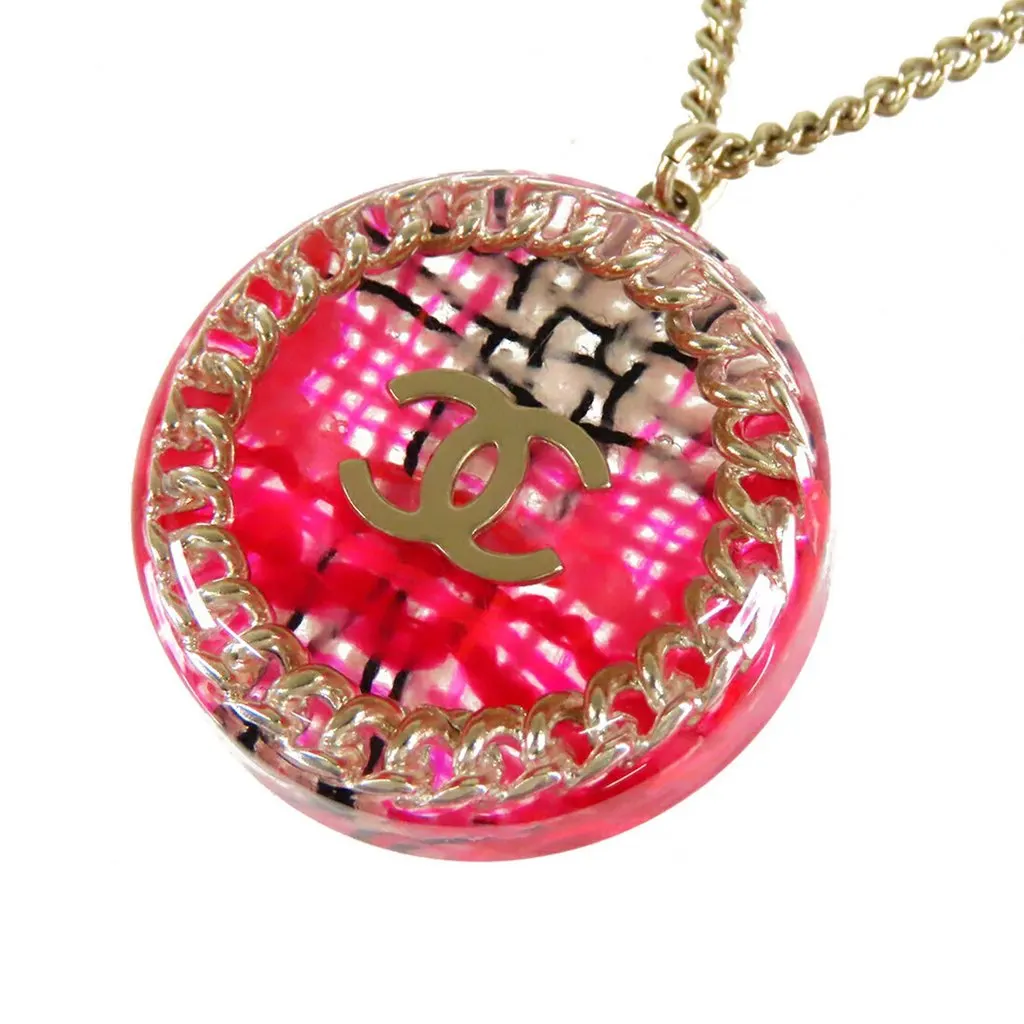 Chanel CC Gold Plated Resin Tweed Chain Round Pendant Necklace Gold Metal Very good - Inside View