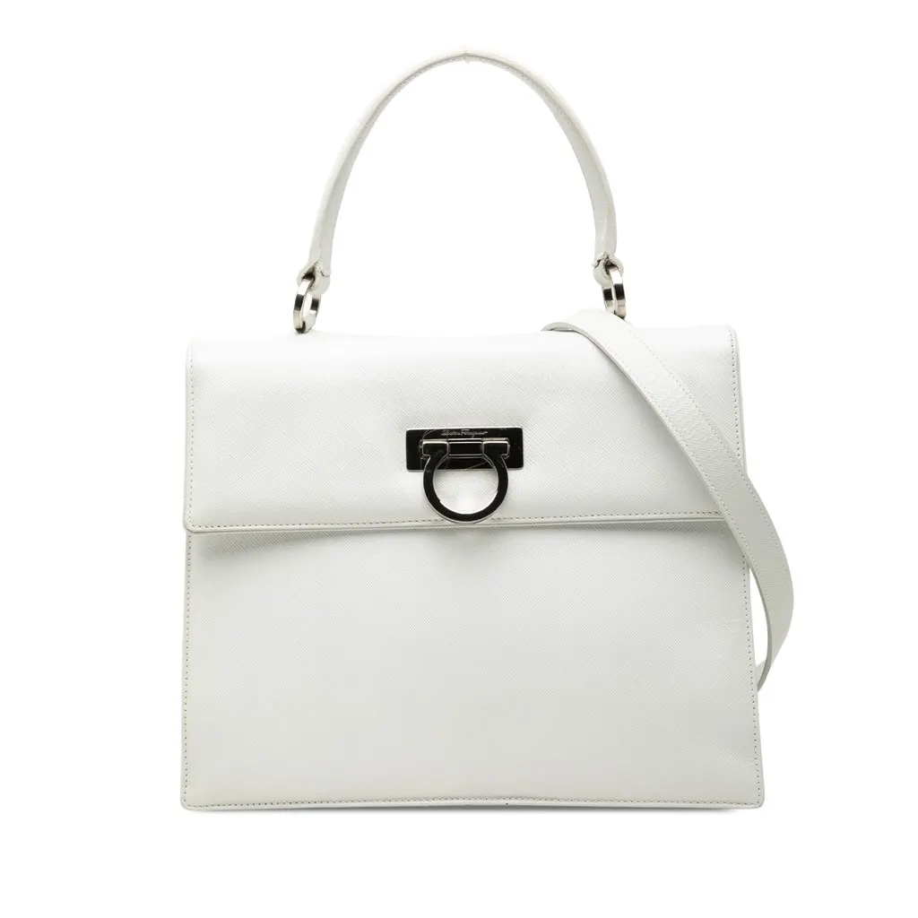 Ferragamo Leather Gancini Satchel White Leather Very good - Front View