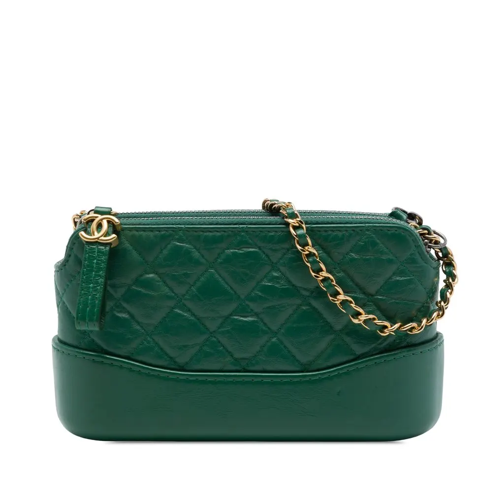 Chanel Aged Calfskin Gabrielle Double Zip Clutch with Chain Green Leather Very good - Front View