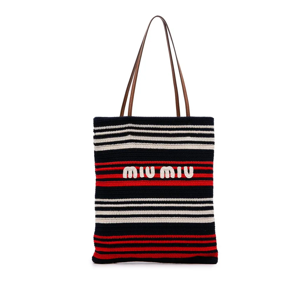 Miu Miu Tricolor Cotton Crochet Logo Striped Vertical Tote Blue Very good - Front View