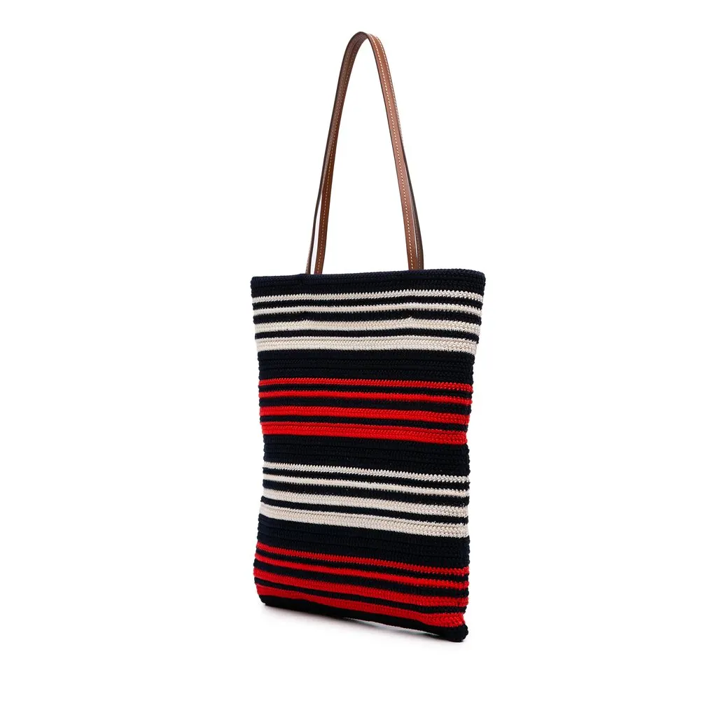 Miu Miu Tricolor Cotton Crochet Logo Striped Vertical Tote Blue Very good - Back View