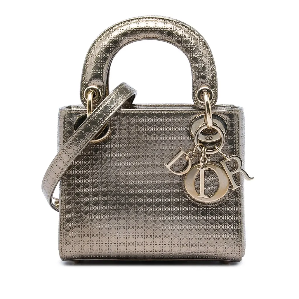 Dior Mini Metallic Patent Microcannage Lady Dior Gold Leather Very good - Front View