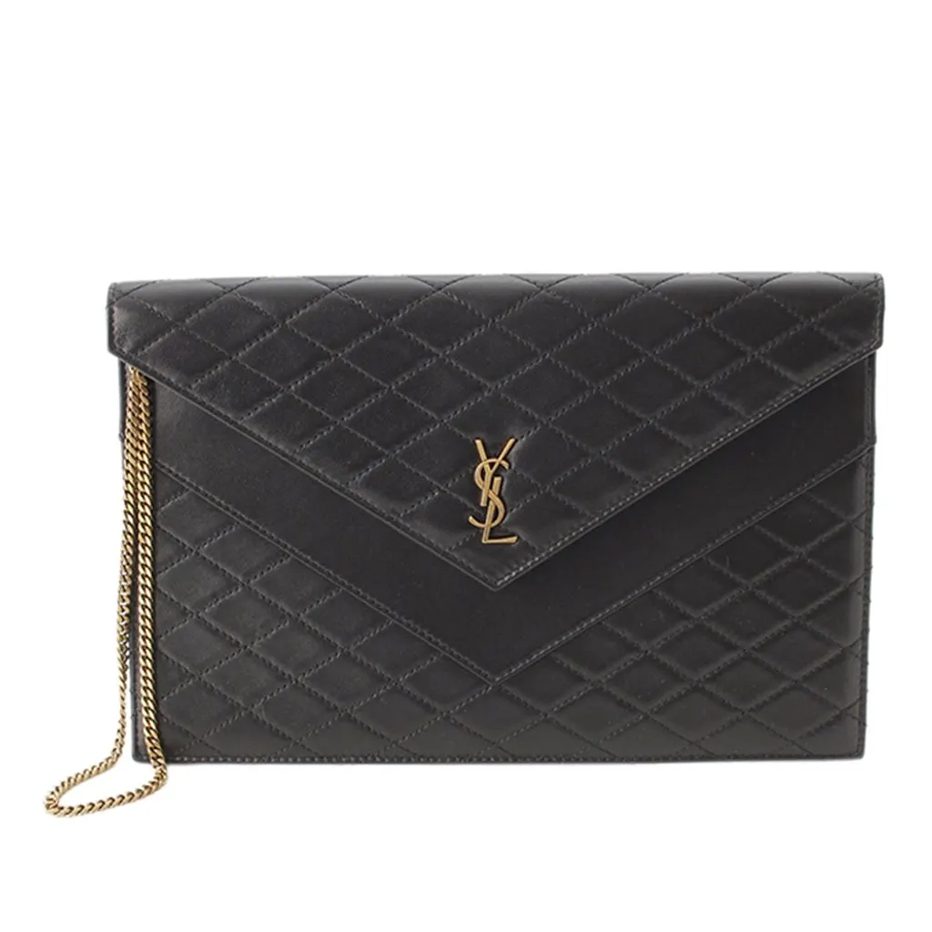 Saint Laurent Matelasse Lambskin Gaby Double Flap Chain Clutch Black Leather Very good - Front View