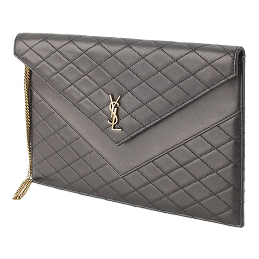 Saint Laurent Matelasse Lambskin Gaby Double Flap Chain Clutch Black Leather Very good - Back View