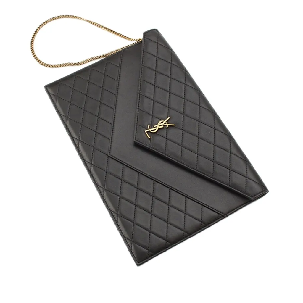 Saint Laurent Matelasse Lambskin Gaby Double Flap Chain Clutch Black Leather Very good - Model View
