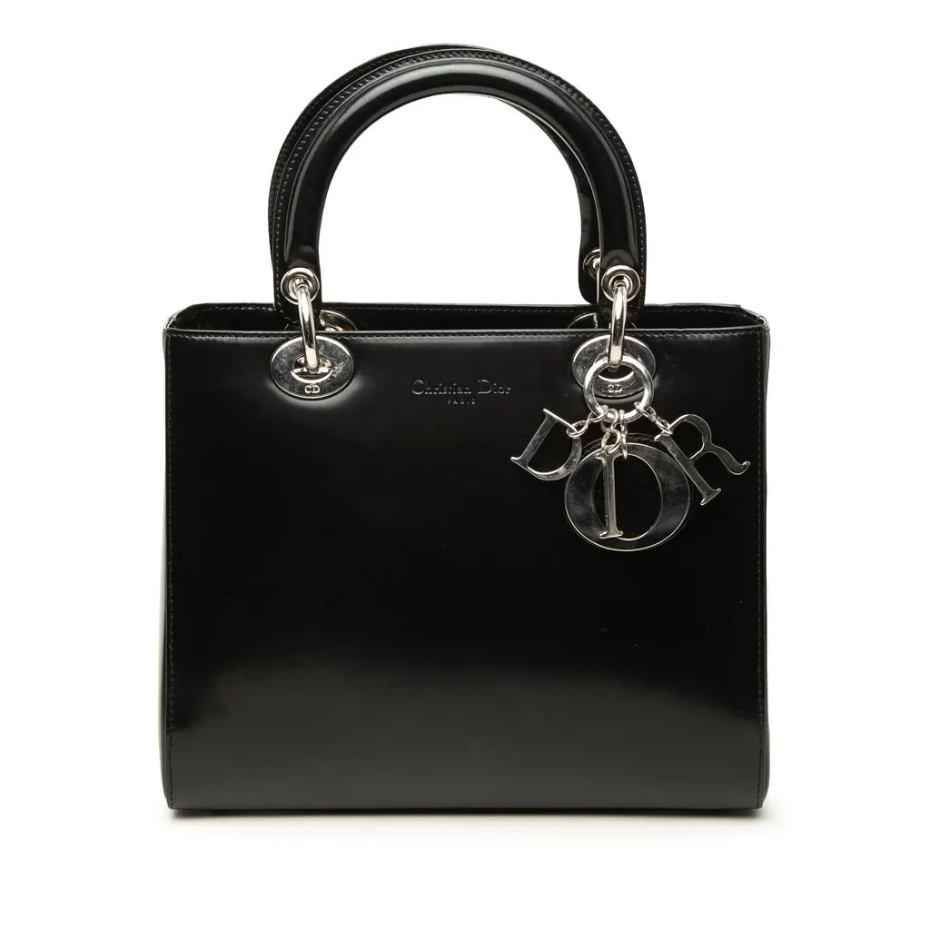 Dior Medium Glazed Calfskin Lady Dior Black Leather Very good - Front View