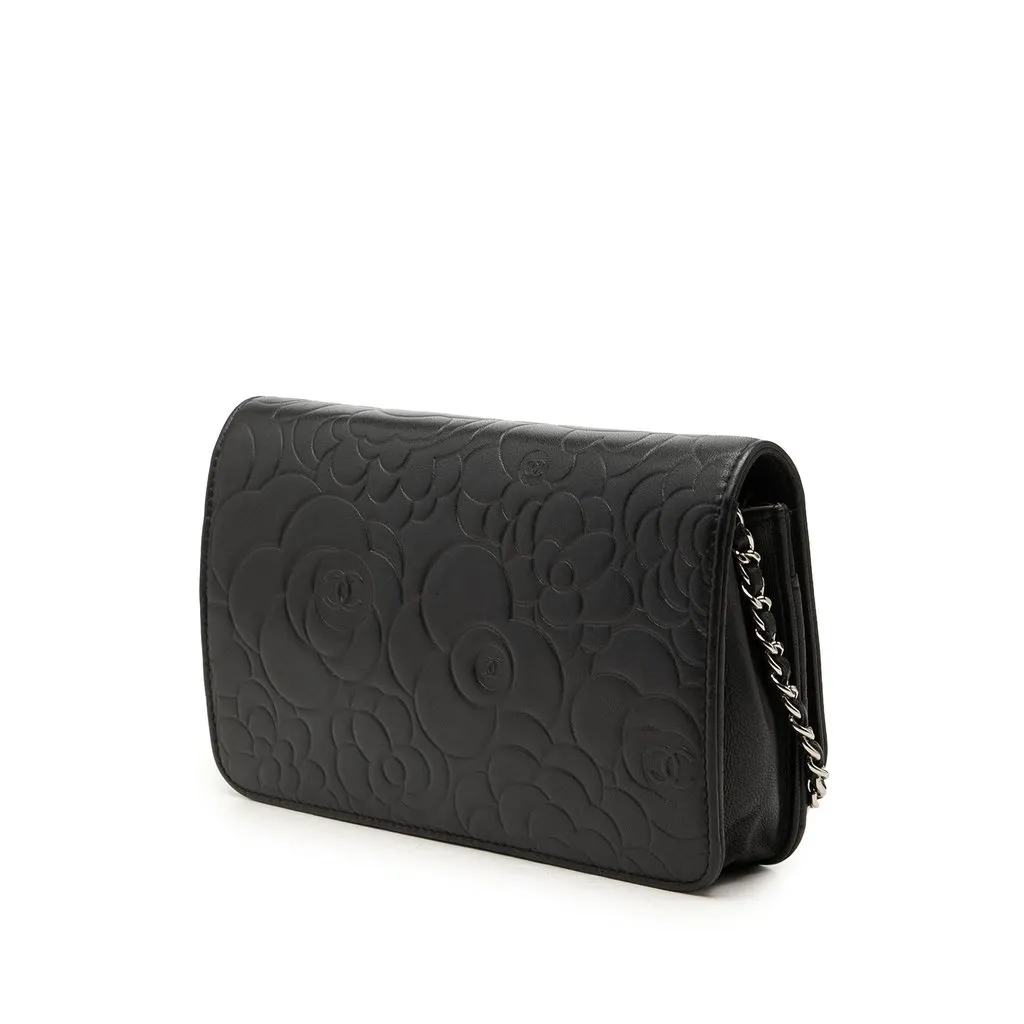Chanel CC Embossed Lambskin Camellia Wallet On Chain Black Leather Very good - Back View