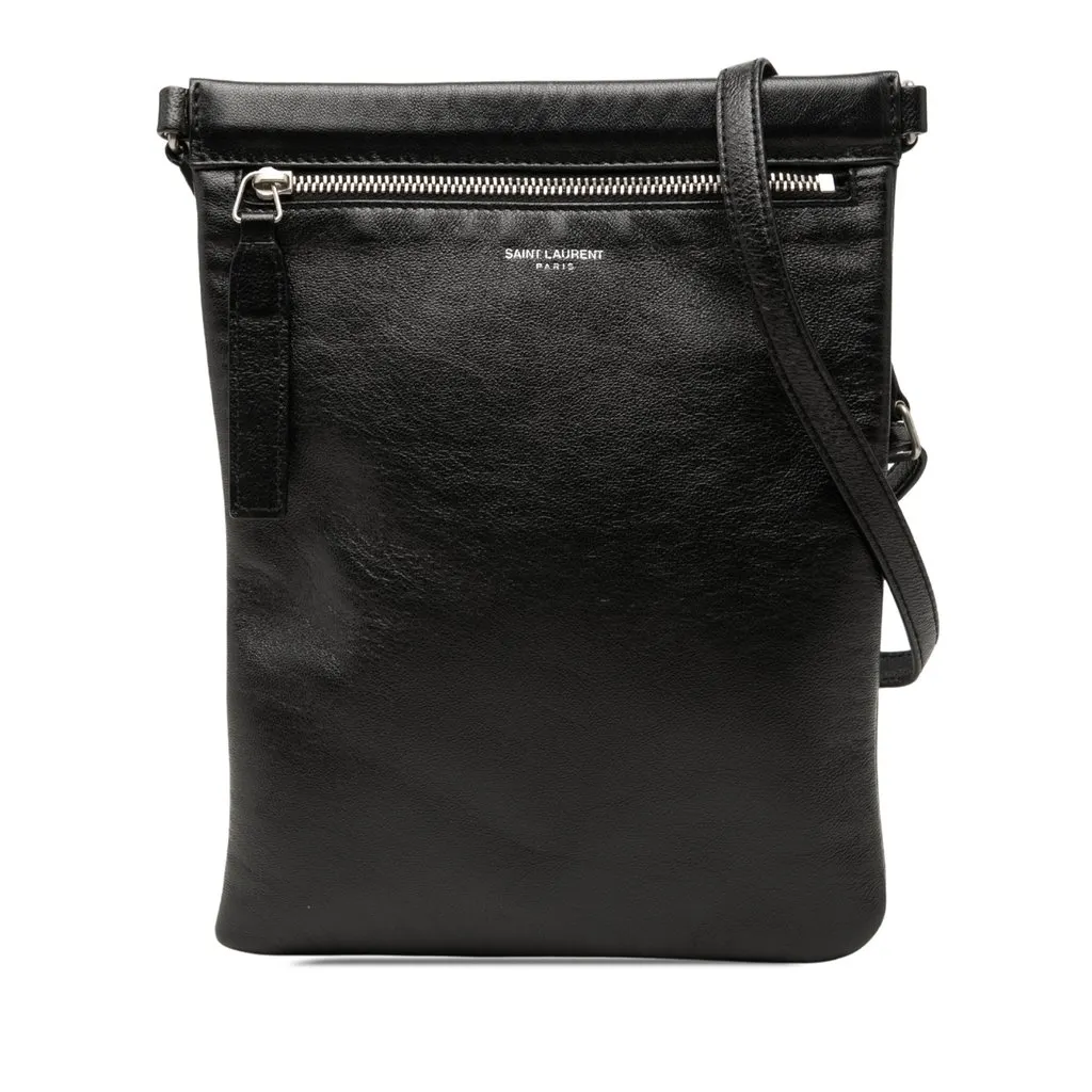 Saint Laurent Antiqued Lambskin Sid Flat Crossbody Black Leather Very good - Front View