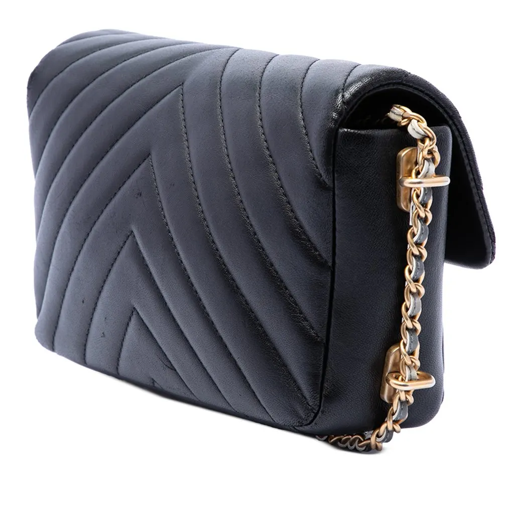 Chanel Mini Rectangular Chevron Lambskin Chain Around Flap Black Leather Very good - Back View