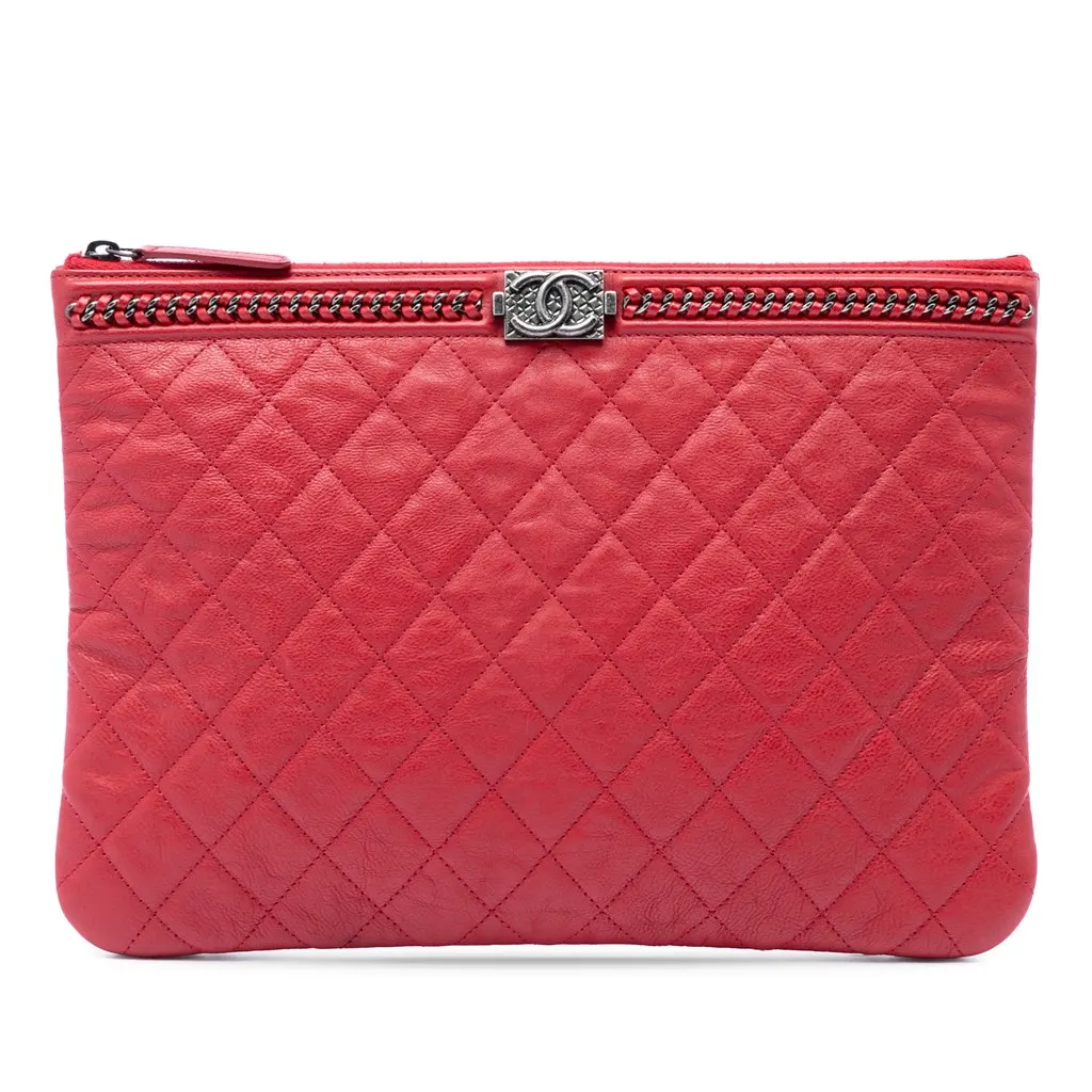 Chanel Medium Quilted Lambskin Chain Boy O Case Clutch Red Leather Very good - Front View