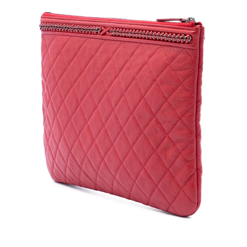 Chanel Medium Quilted Lambskin Chain Boy O Case Clutch Red Leather Very good - Back View