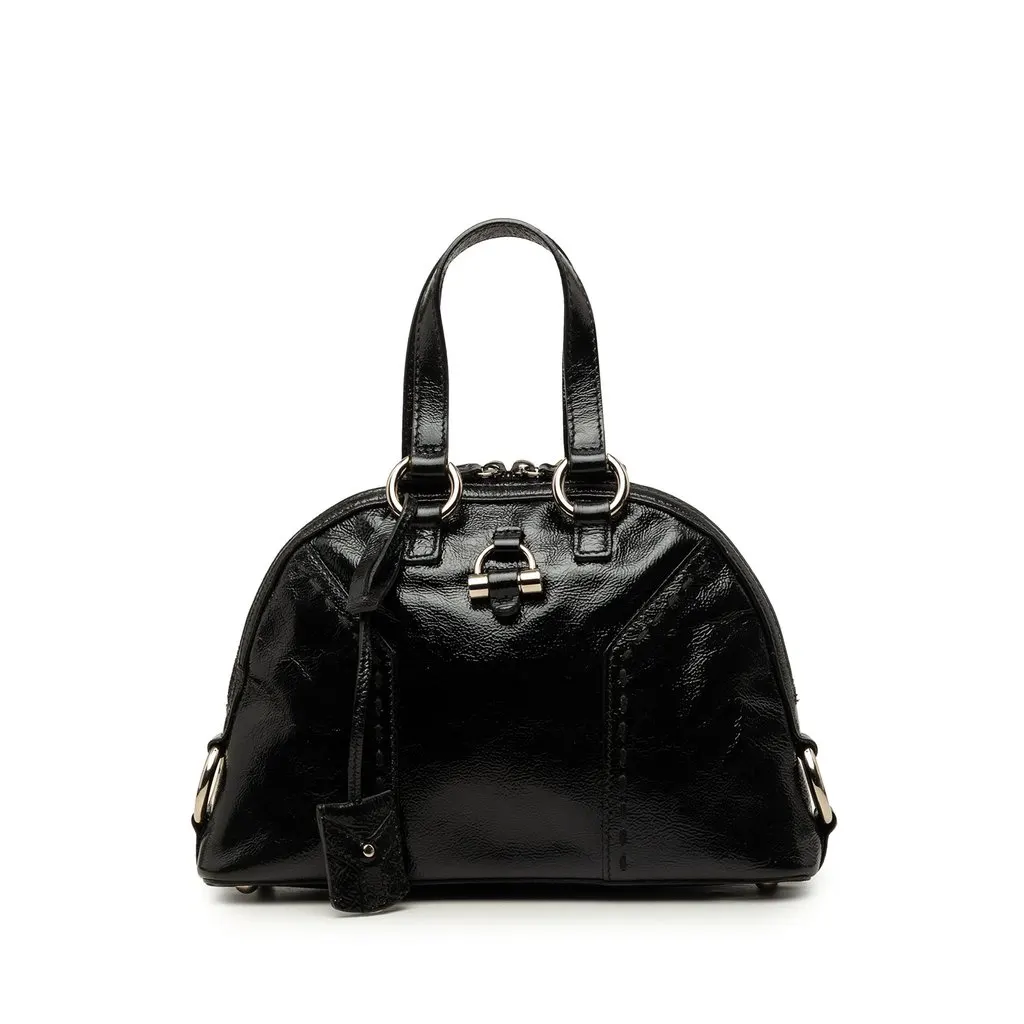 Saint Laurent Mini Crinkled Patent Muse Handbag Black Leather Good - Front View