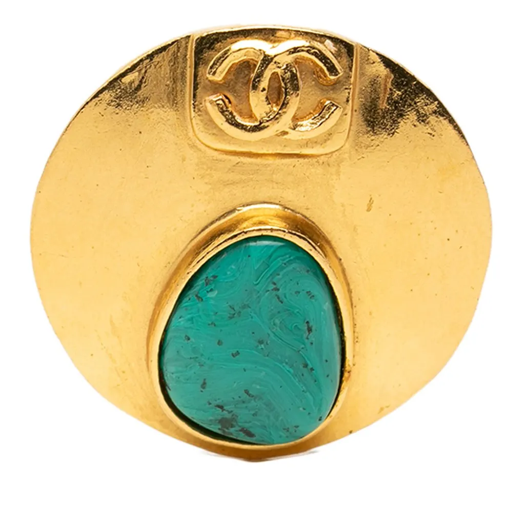 Chanel CC Gold Plated Round Gripoix Brooch Gold Metal Very good - Front View